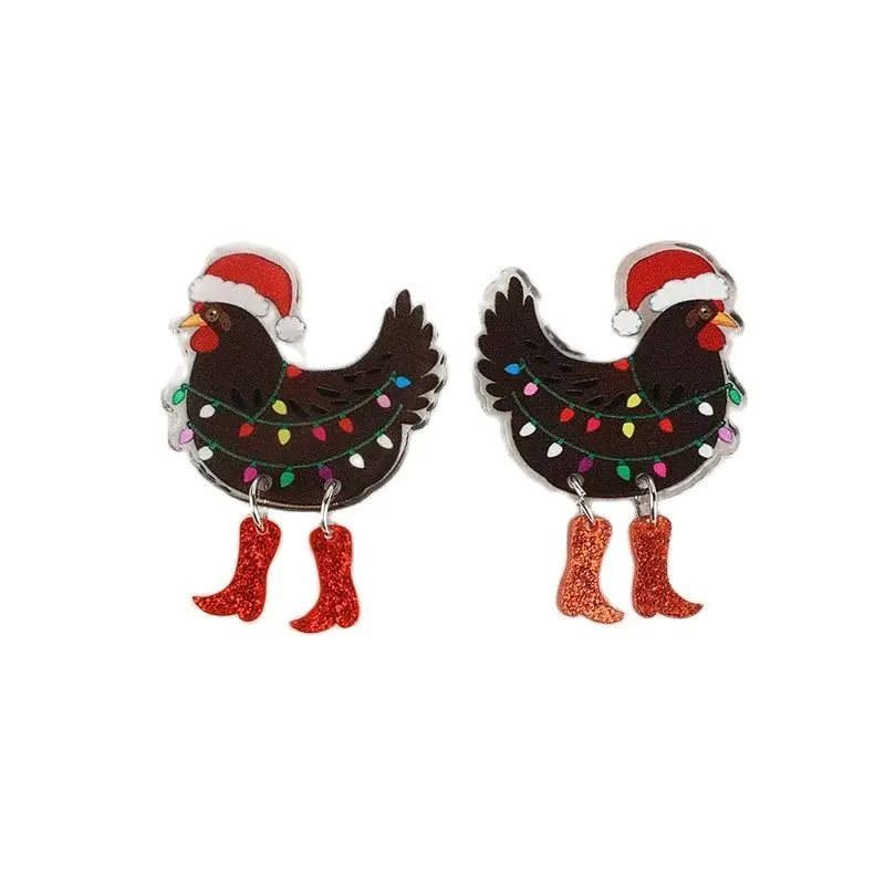 1Pair Christmas Woman Drop Earrings AcrylicFunny Walking Chicken With Colour Bulb For Girl Festival Gift