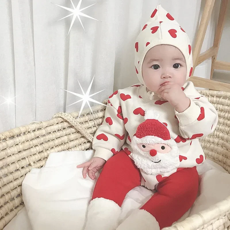 New Christmas Newborn Baby Santa Claus Plus Plush Rompers Kids Cartoon Deer Jumpsuit Pants Toddler Christmas Clothes Costume Set