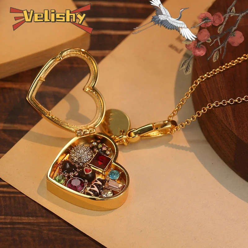Collar con colgante de corazón de Chocolate que se puede abrir con circonita colorida a la moda para mujer, exquisito llavero DIY, joyería de fiesta, regalo de San Valentín