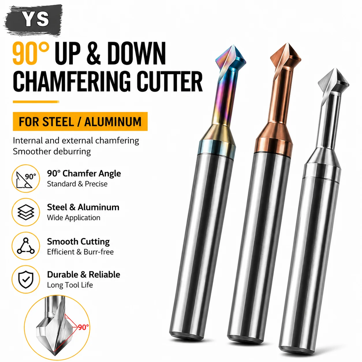 YS 90° Chamfering Cutter with A Pointed Tip Diagonal T-shaped Chamfering End Mill for Steel and Aluminum Small Hole Machining