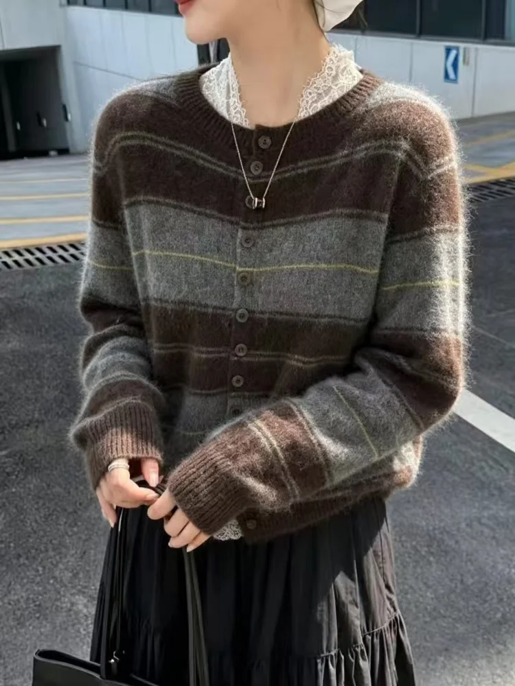 Pure cashmere striped knit cardigan literary style coffee color contrast coat round neck multi-button long sleeve loose outside