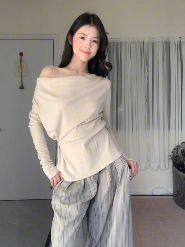 

Cherry Blossom Color Long Sve Slim Fit Women's T-irt oulder Baring Commute Sle Spring New Arrival Faion Top