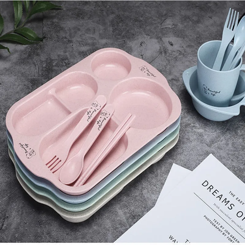 4 PCS/6PCS/children\'s cutlery set, anti-drop wheat partition plate, suitable for toddlers, children and adults