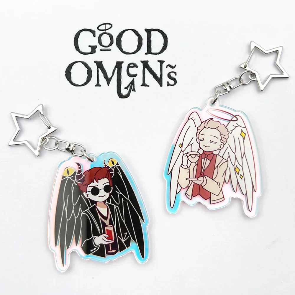 TV Series Good Omens CA Aziraphale Crowley Cosplay Keychain Alloy Acrylic Keyring 2 Pcs/Set Key Chain Bag Pendant Accessory Prop