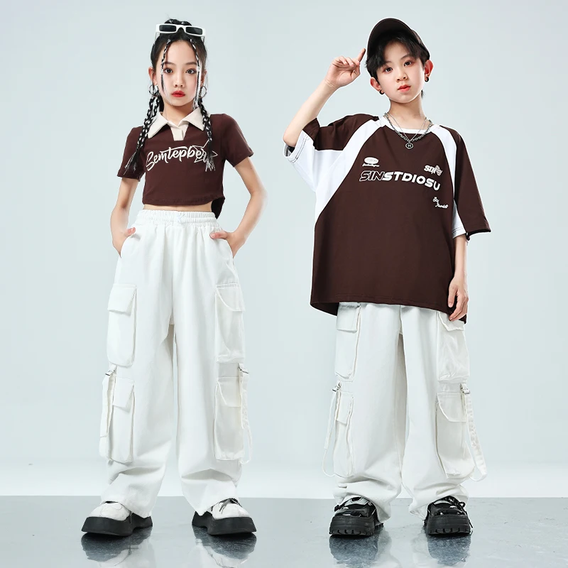 Kids Showing Hip Hop Clothing Tshirt Casual White Cargo Pants Streetwear for Girl Boy Jazz Street Dance Costume Showing Clothes