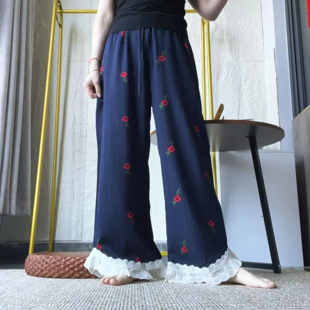Women Summer Wide Leg Pants Floral Plaid Print Elastic Waist Multi‑Layer Lace Ruffle Hem Loose Casual Loungewear Pajama Pants