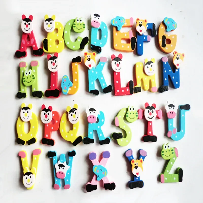 26pcs/pack Wooden Cartoon Alphabet A-Z Magnets Child Educational Toy English Letters Fridge Magnet Craft Toys for Children