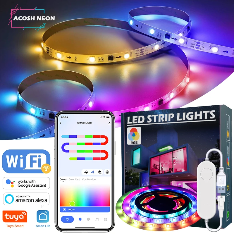 TUYA LED Strip Lights WS2812 RGBIC Addressable Strip Light with Chasing Effect Wifi USB 5V Smartlife Dreamcolor Lamp For Bedroom