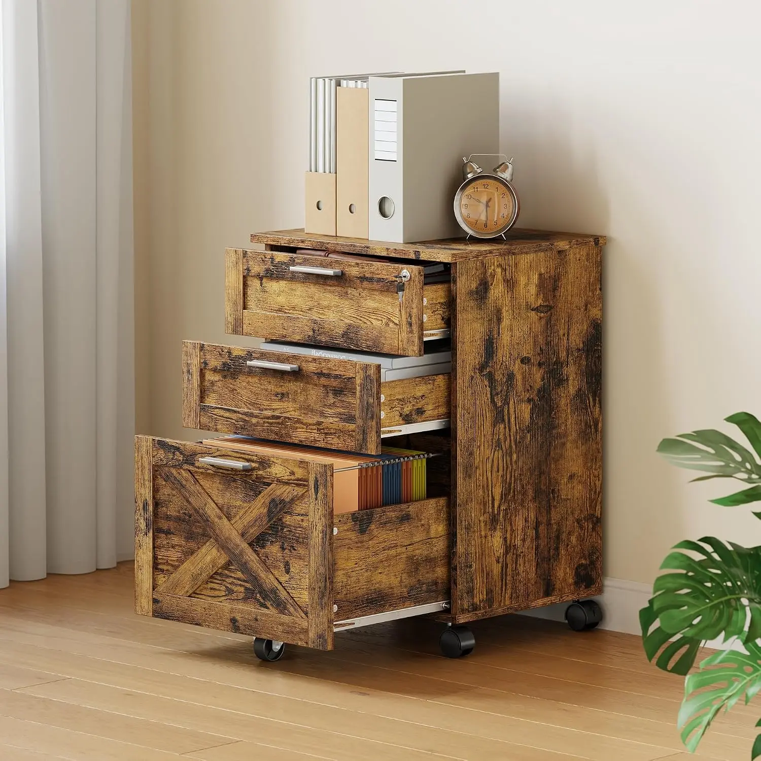 3 Drawer Mobile File Cabinet with Lock, Under Desk Wooden Storage for Home Office Letters Legal A4, Rustic Brown, Customized