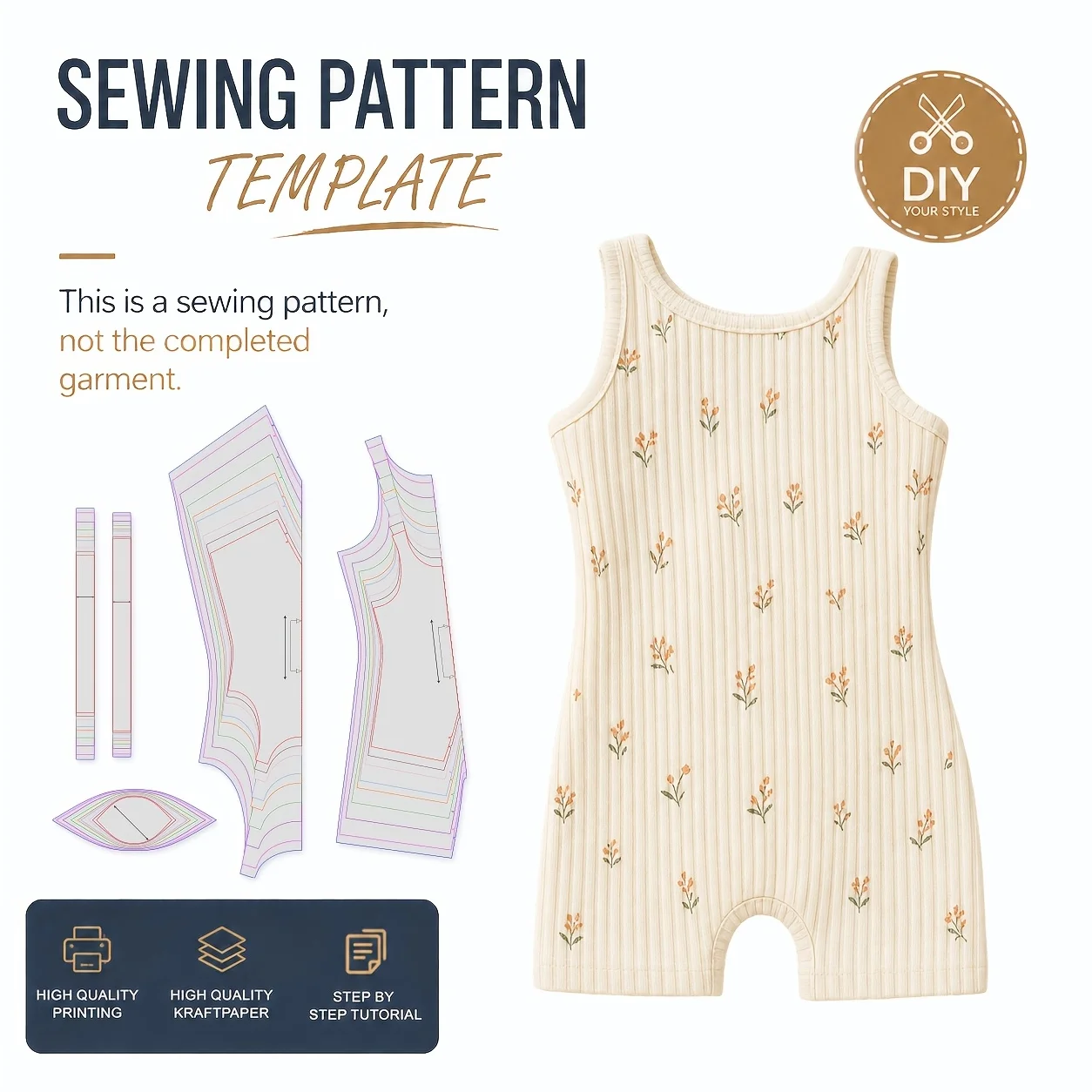 Ribbed Romper Sewing Patterns, Sewing Patterns for Beginners, Floral Sprig Sleeveless Sewing Pattern, Easy Sewing Project,