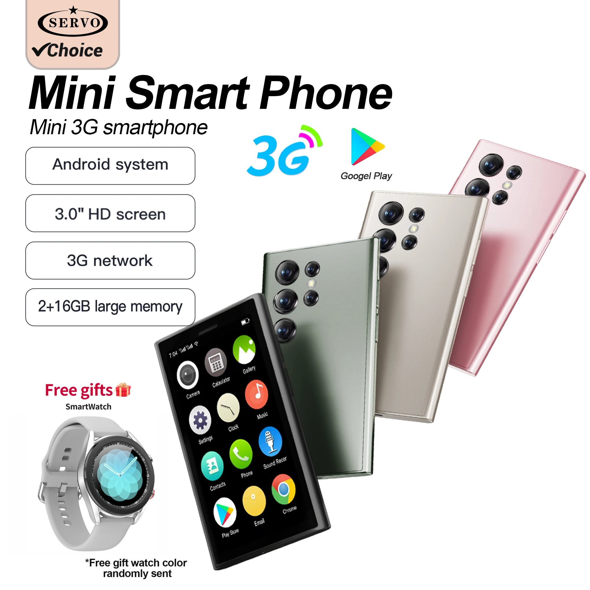 Free Gift SERVO 3G WCDMA Mini Smartphone Dual SIM 3.0'' Screen Dual Camera Face Unlock 900mAh 2G+16GB Play Store Small Cellphone