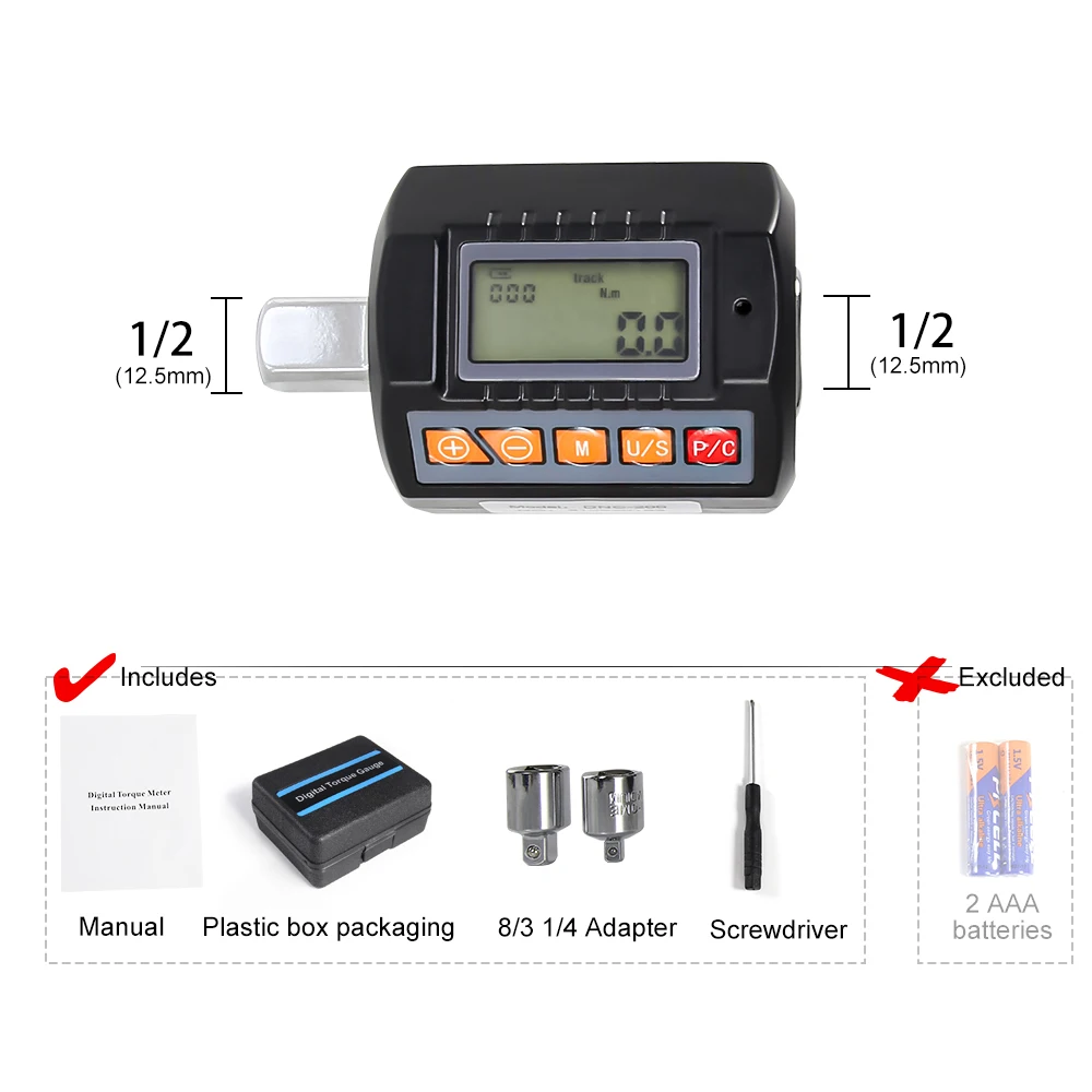 ALLSOME Adjustable 1/2 Digital Torque Gauge for Bicycle Car Repair Digital Torque Adapter Electronic Torque Meter Hand Tools