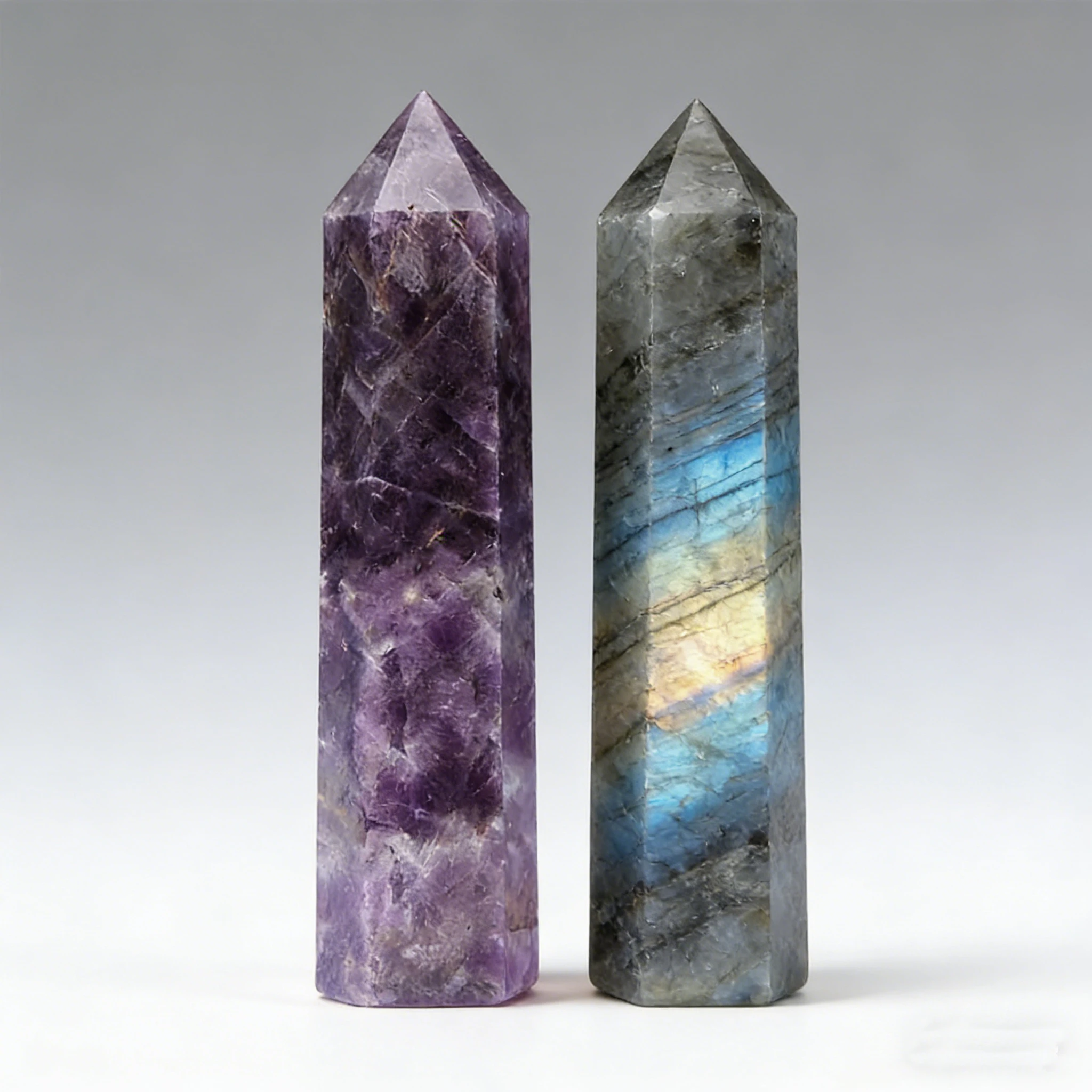 Natural Crystal Obelisk Tower Point Set 2Pcs 6 Faceted Wand 8-17cm Labradorite Amethyst Aurora Flash Dreamlike Hand Polished Home Decor Desk Ornament Office Decor Room Decor Bedroom Decor Table Centerpiece Iridescent Gift Set