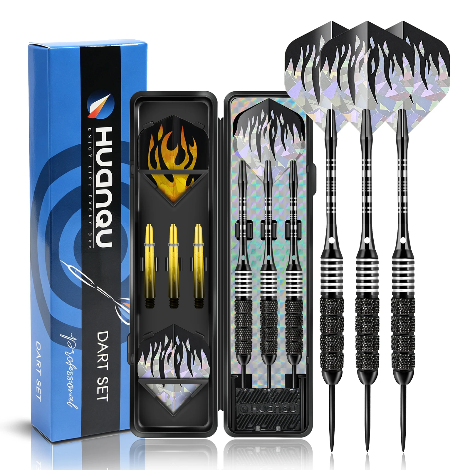 Image of HUANQU 22g Professionelles Steeldart-Set mit Aufbewahrungskoffer, zusätzlichen Schäften & Laser-Flame-Flights für Sisal-Dartscheiben
