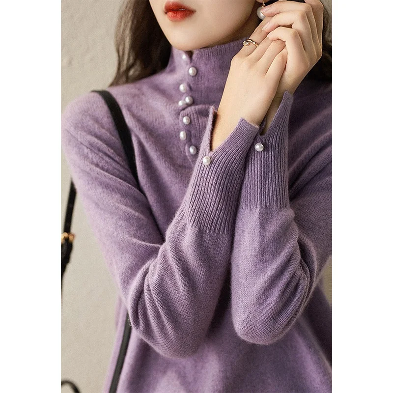 

Ele High Collar Knitted Sweater with Pearl Buttons f Open Thi Warm Autumn Winter New Sle Overhead Base irt
