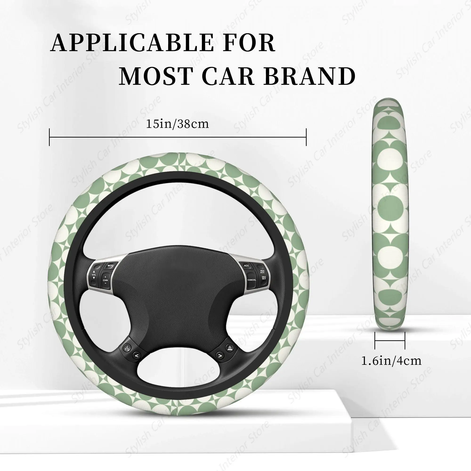 Vintage Grid Flowers Car Steering Wheel Cover, Non-Slip Absorbing Sweat Car Wheel Cover Accessories 15