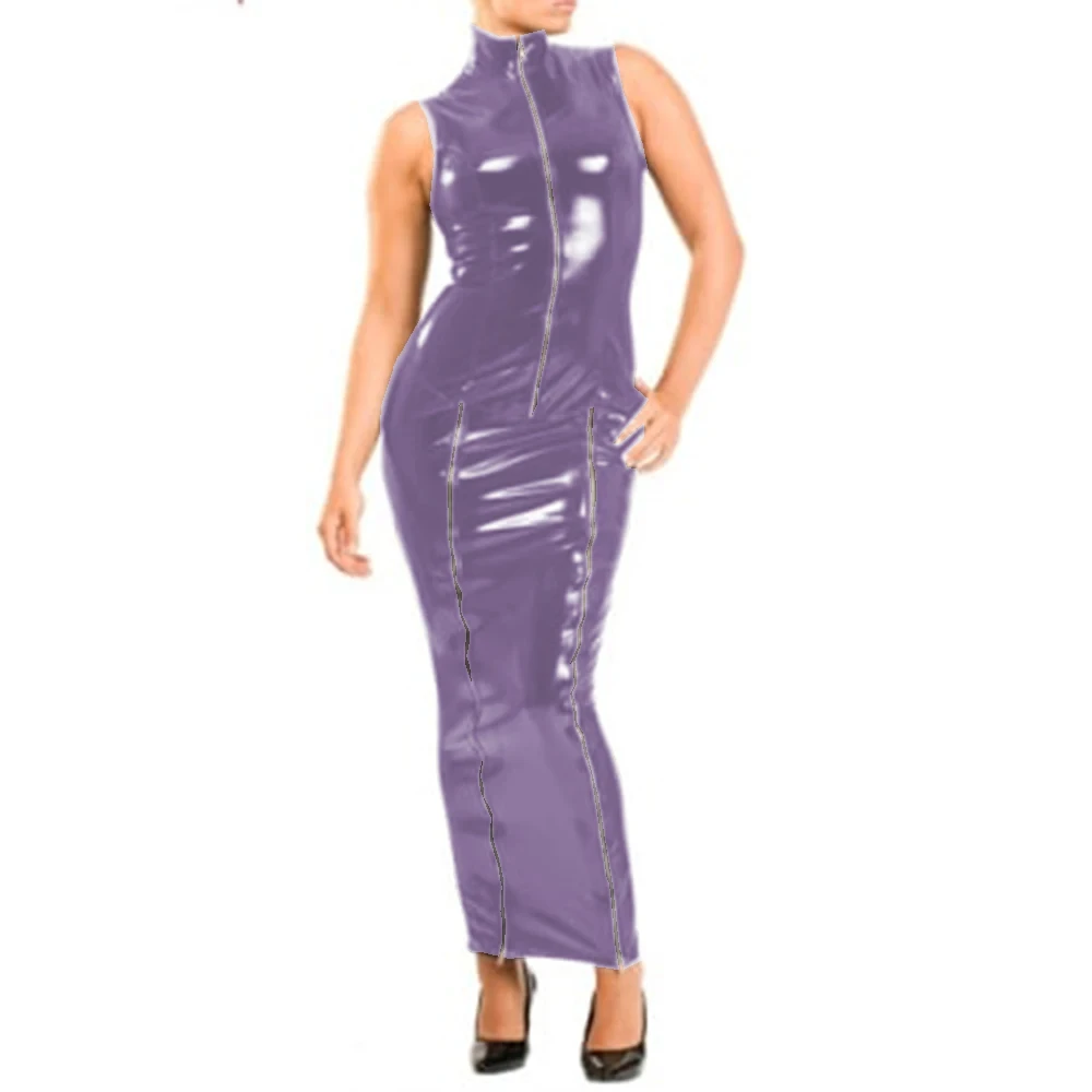 Women's High Neck Bodycon 2 Piece Dress Set, Casual Vintage, PVC Shiny Tank Tops, Zipper Long Pencil Skirt, Sissy Wetlook Outfit