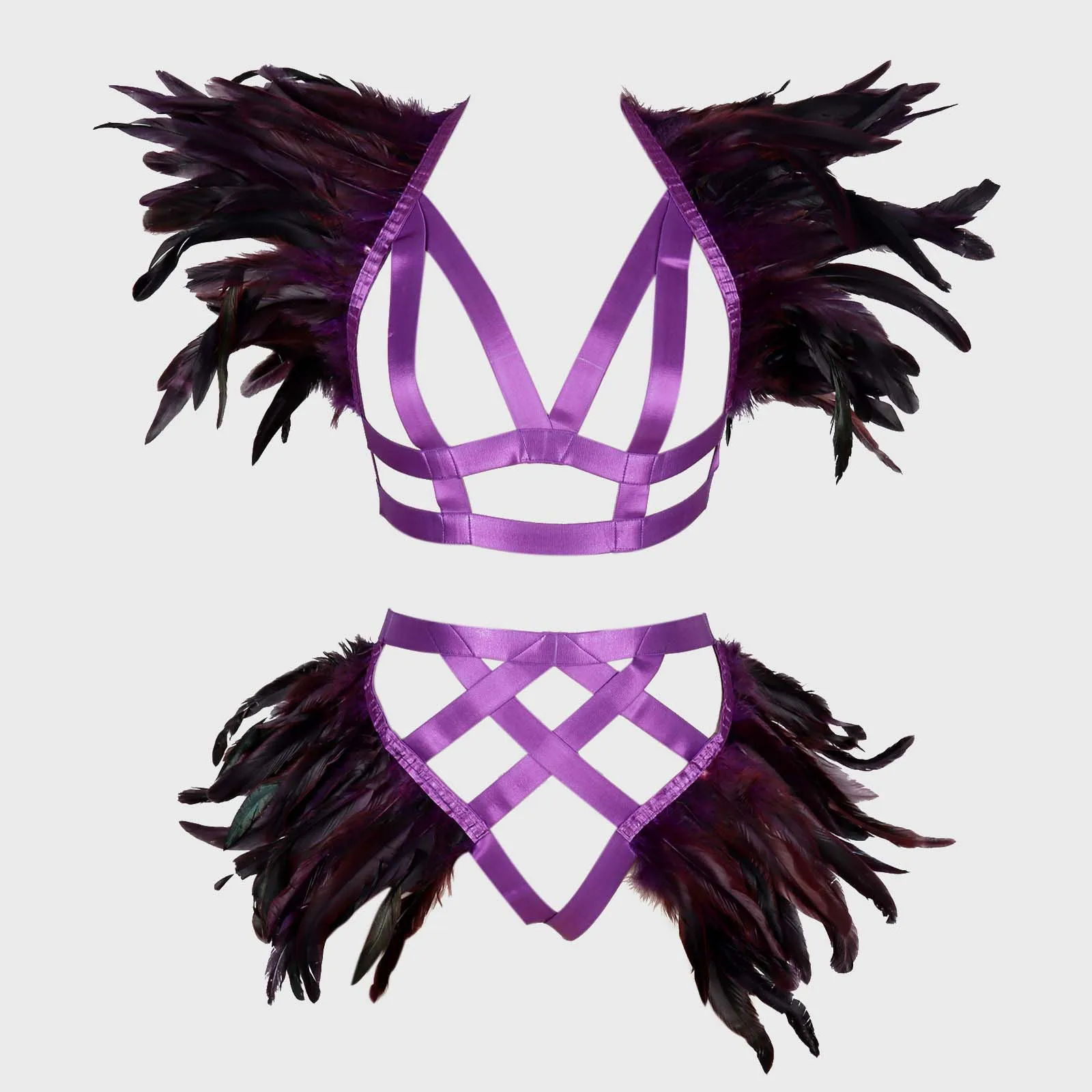 Gothic Feather Harness Clothes Accessories Black Neck Collar Sexy Lingerie Cage Bra Dance Exaggerate Feather Body Harness Wing