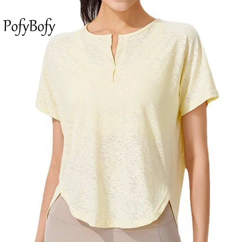 

PofyBofy Jacquard Fabric Split Neckline Loose Curve Hem Quick Dry Lightweight Women Short Sleeves Shirts Yoga Fitness Daily Tops