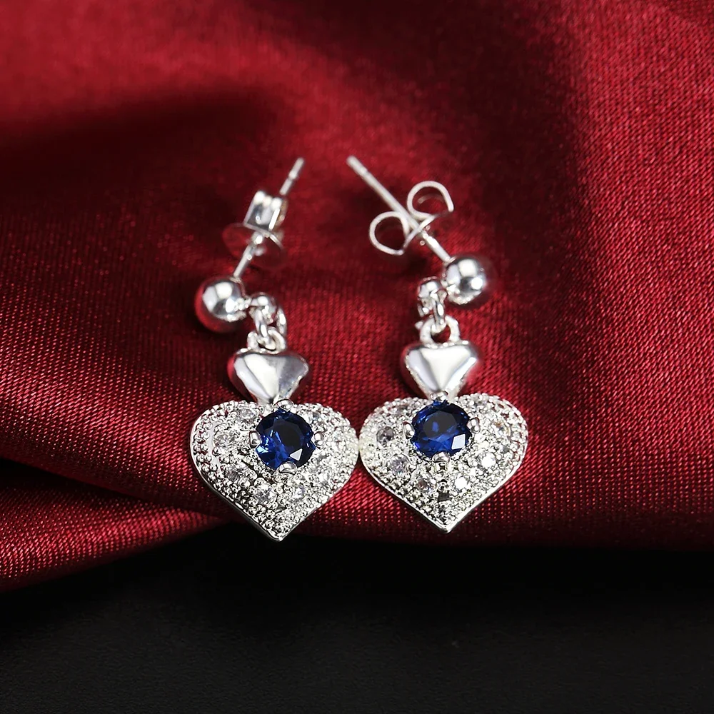 925 Sterling Silver Blue crystal heart pendant necklace earrings Jewelry sets for Woman fashion party wedding accessories gifts