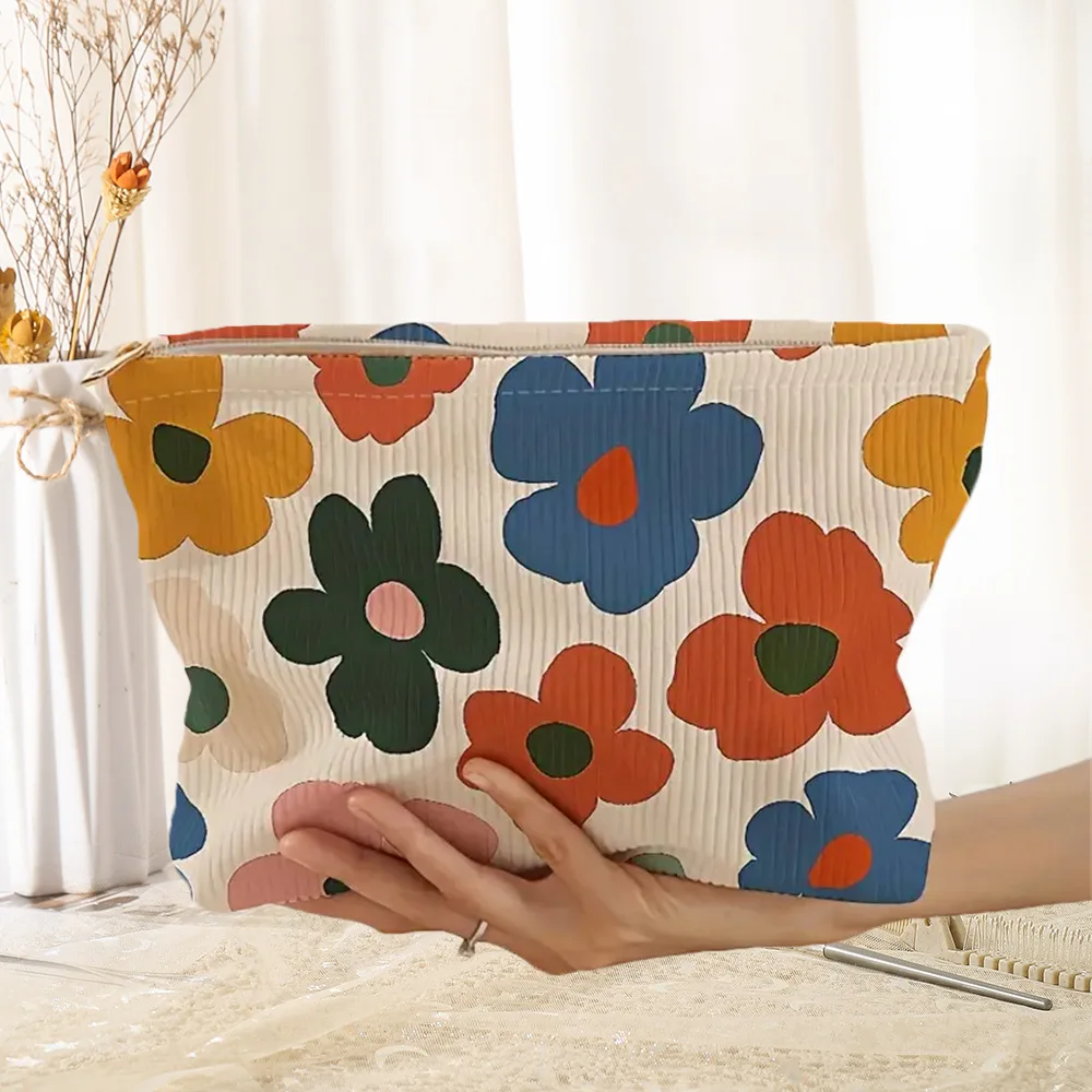 Flower Printed Corduroy Cosmetic Bag Zipper Makeup Bag With Lining Lightweight And Multifunctional Storage Bag For Women