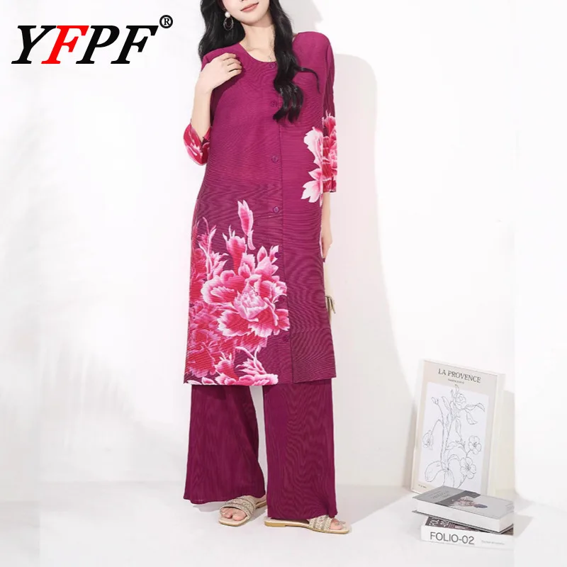 

YFPF 2025 Miyake Pleated Two Piece Set Women Mid Length Flower Print Dress + Wide Leg Trousers Fashion New Clothing