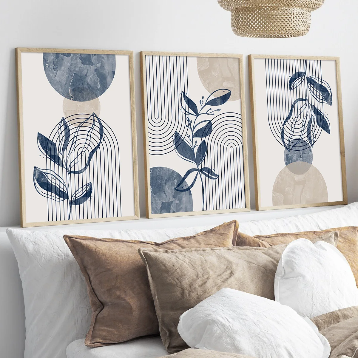 Set of 3 Bohemian Navy Blue and Beige Abstract Geometric Line Plant Wall Art Prints, Bohemian Plant Geometric Print Posters