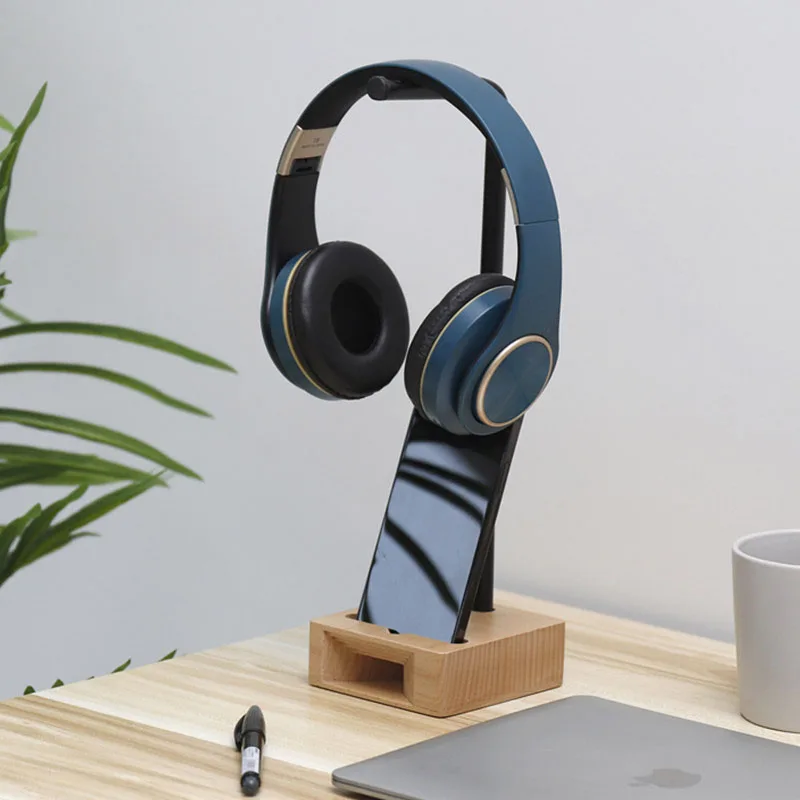 Headset Metal Rack Natural Beech Wood Durable Wireless Bluetooth Headset Holder with Solid Wood Loudspeaker Base