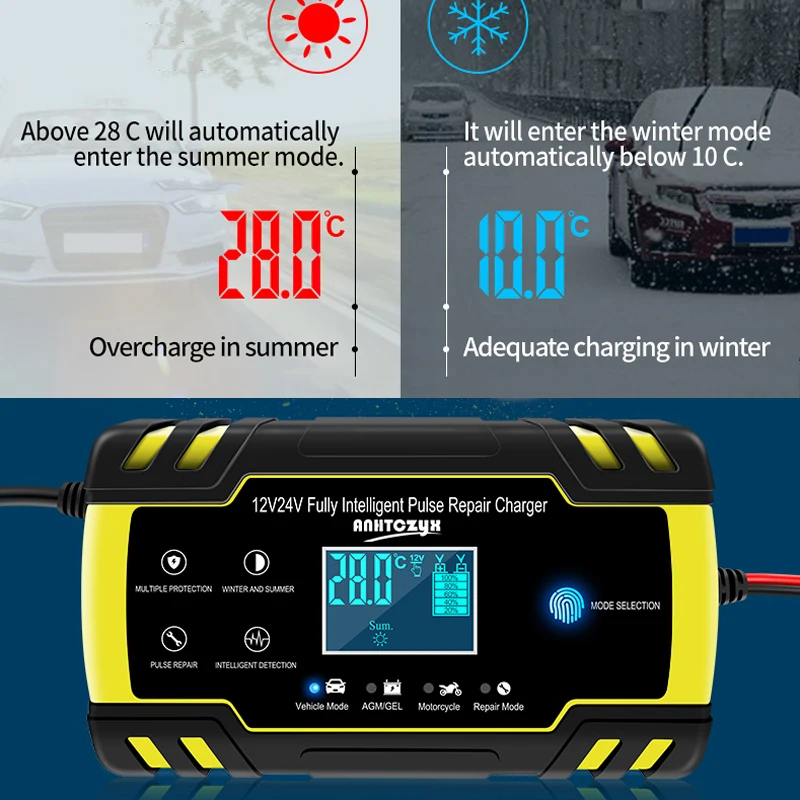 Caricabatterie per auto completamente automatico 12V-24V 8A caricabatterie per riparazione a impulsi di alimentazione caricabatterie al piombo a