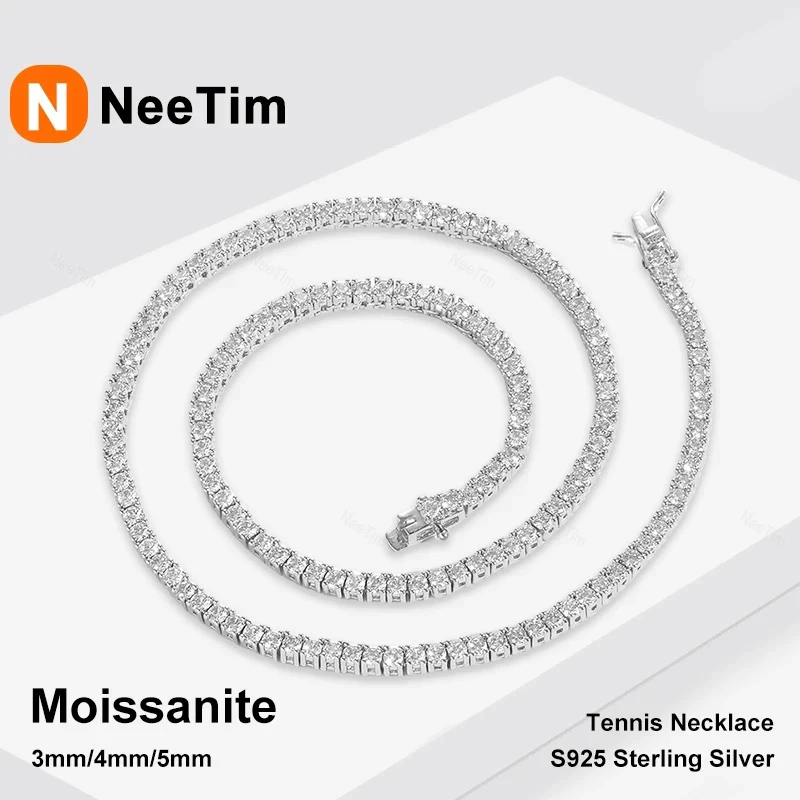 NeeTim 3/4/5mm Moissanite Tennis Necklace for Women Man S925 Silver with 18k Gold Plated Neck Chains Trendy Hiphop Party Jewelry