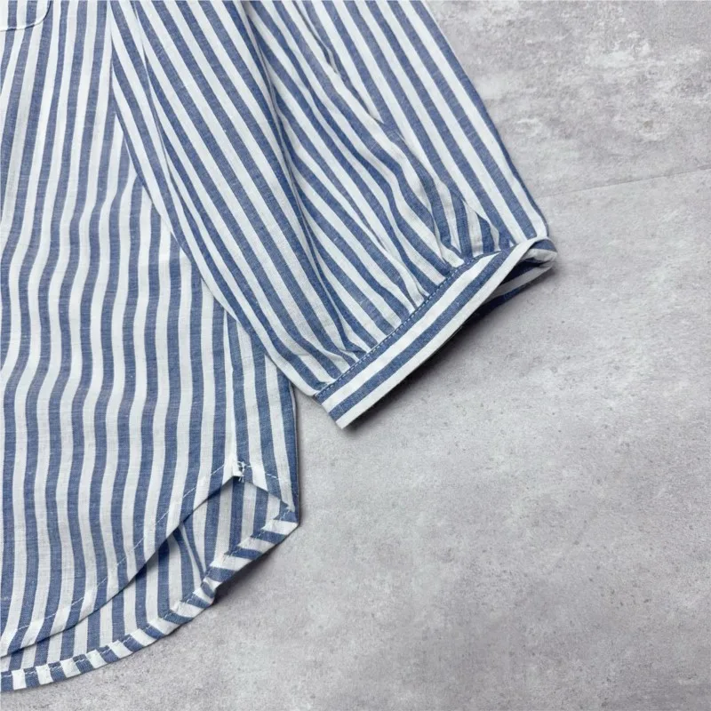 Camicia a righe con gattino ricamato giapponese Johnature per l'estate Nuova camicia da donna versatile allentata con risvolto casual