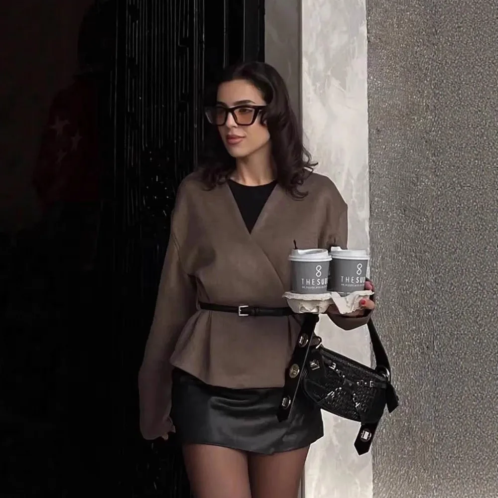 

Women's Spring and Autumn Elegant Soft Tie-Waist V-Neck Jacket Fashionable Commuter Gentle Long-Sleeve Outwear