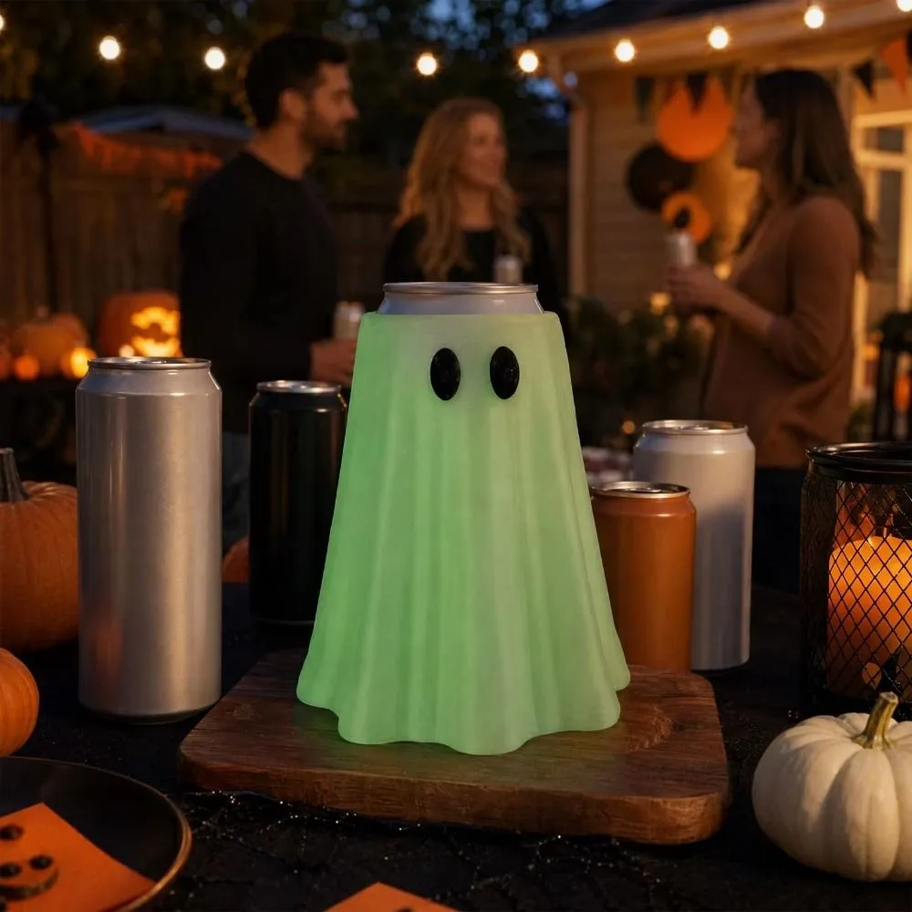 3D Printed Halloween Ghost Can Sleeve 8/12/16 Oz Spooky Shaped Ghost Beverage Cooler Reusable Insulated