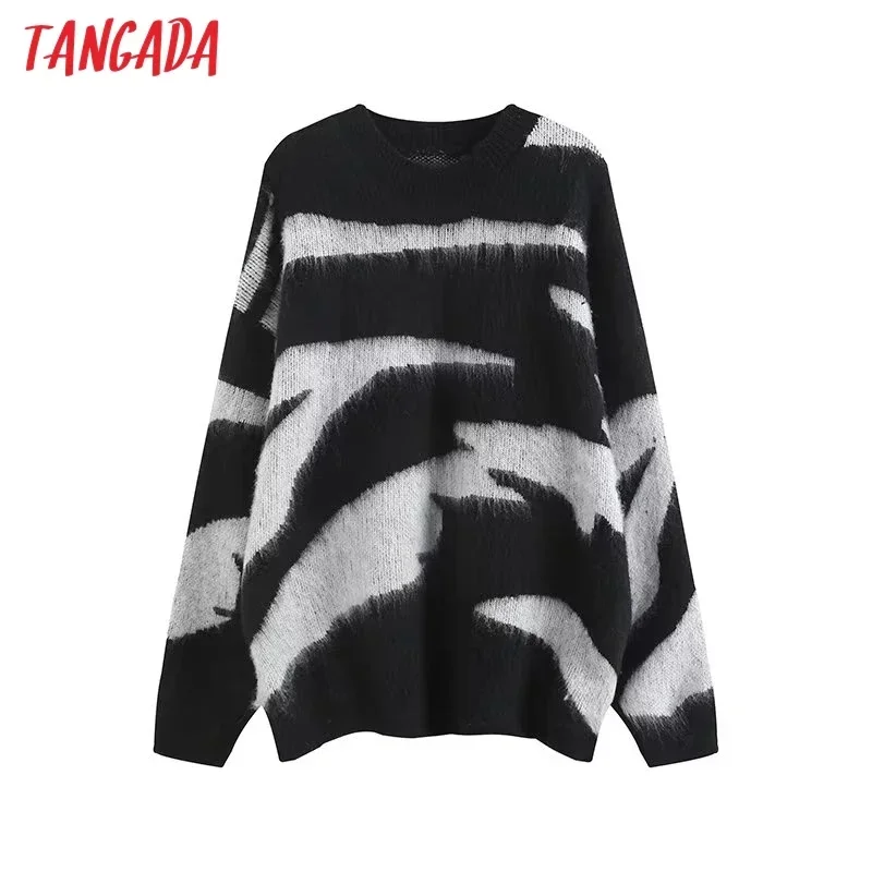 Tangada Women 2023 Fashion Jaquard Oversized Knitted Sweater Jumper O Neck Female Pullovers 4R14