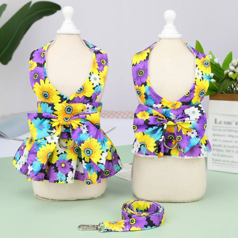 Spring and Summer Bow Dog Collar Skirt Pet Harness Puppy Clothes Princess Dresses Flower Printing Cute Harness Vest Breast Strap