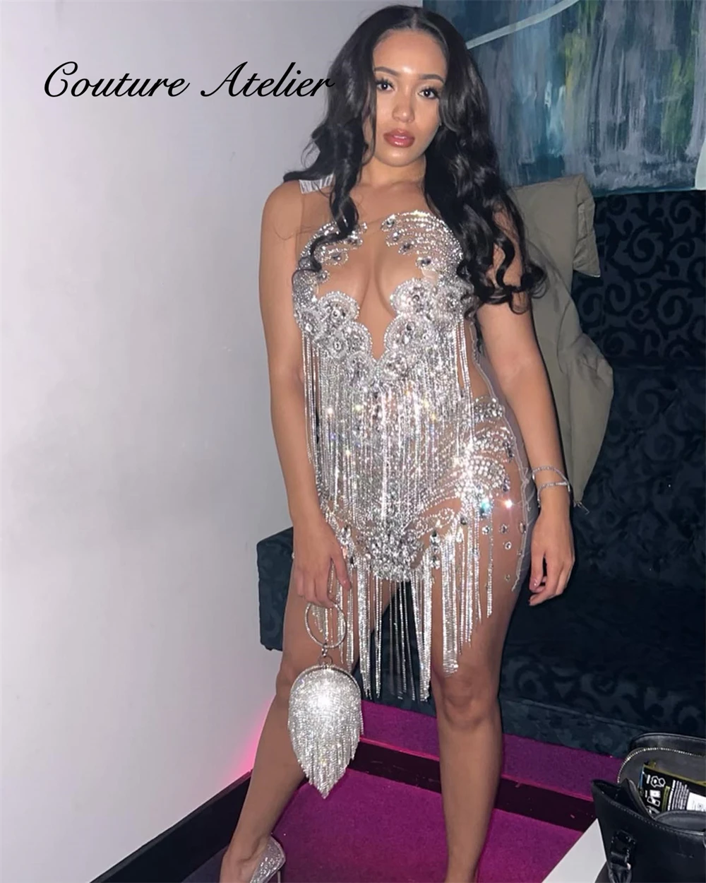 Fascinating Silvery Crystal Beading Prom Dresses Rhinestones Tassels See Thru Mermaid 2024 Birthday Luxury Dress For Blackgirls