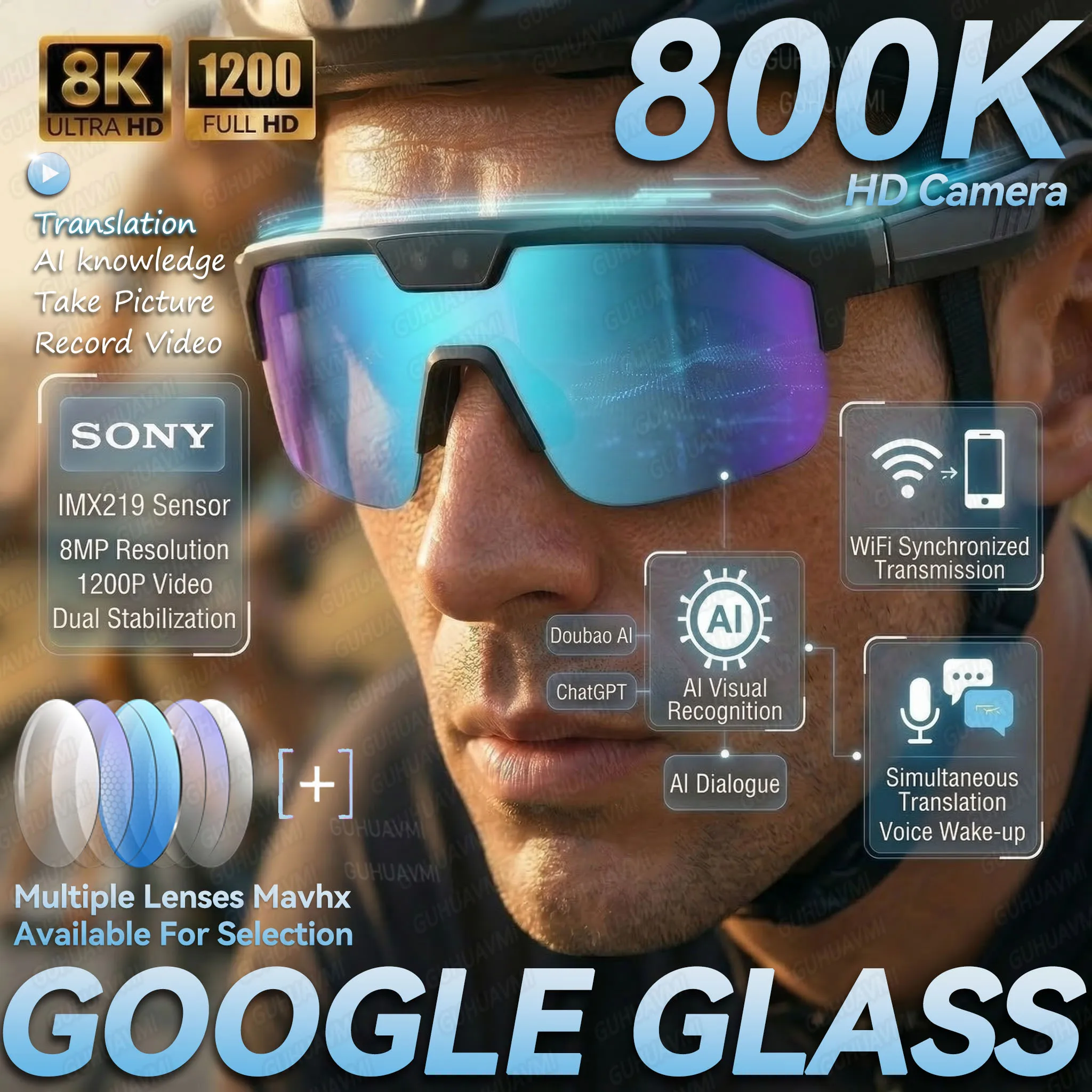 

Умные очки с HD-камерой 1200P, сенсор 8 МП, фото 30 МП, Wi-Fi, Bluetooth 5.3, аудио, защита от сотрясений, двойной микрофон, шумоподавление