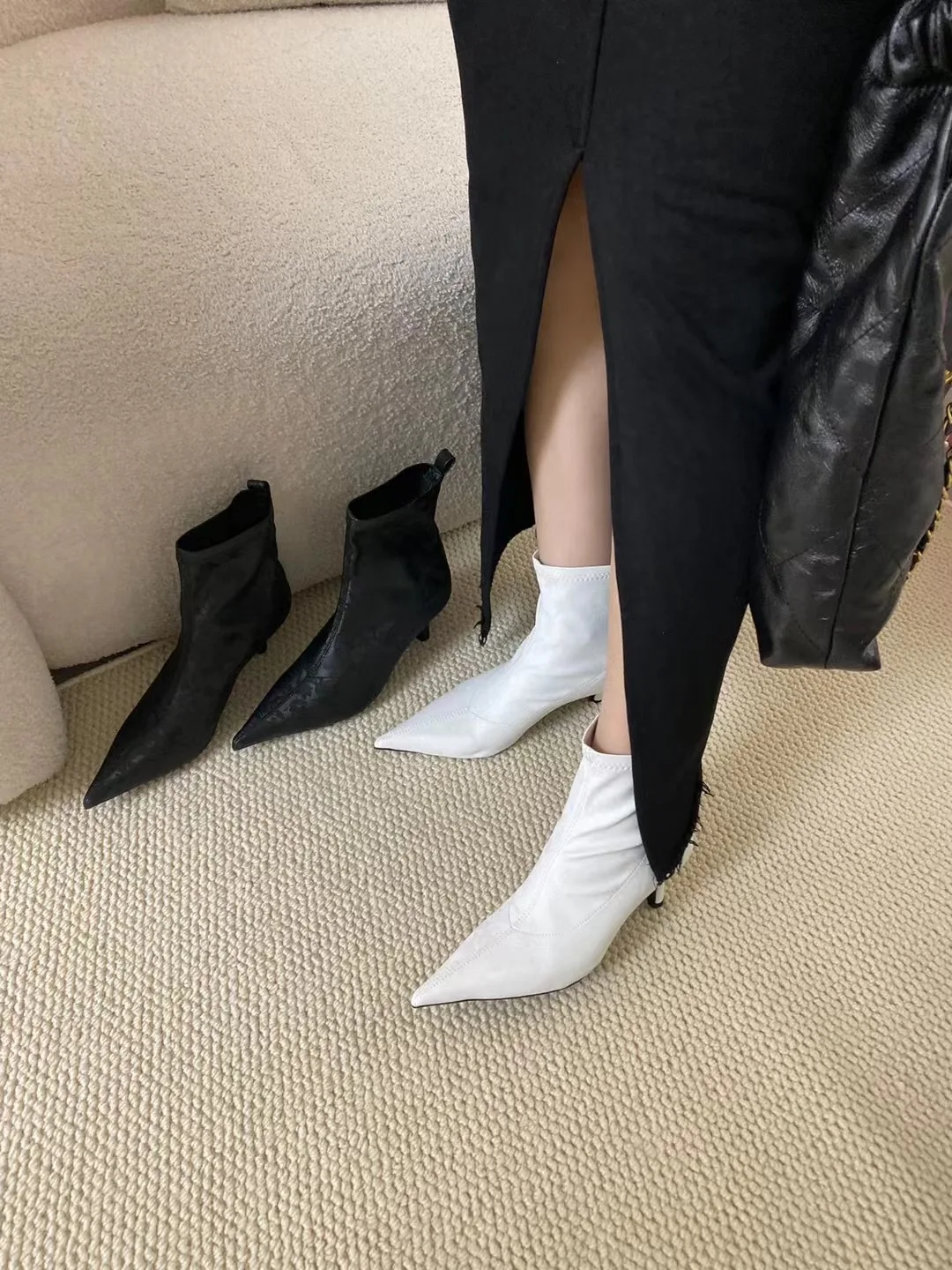 2024 New Arrivals Women Ankle Boots Chelsea Botas Thin Mid Heels Sock Stretch Shoes Slip On Autumn Winter Boots Black White 39