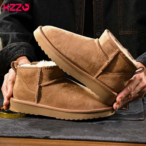 KZZO Women Ultra Mini Sheepskin Snow Boots 2025  Australia Leather Natural Wool Fur Lined Fashion Ankle Winter Warm Shoes Maroon