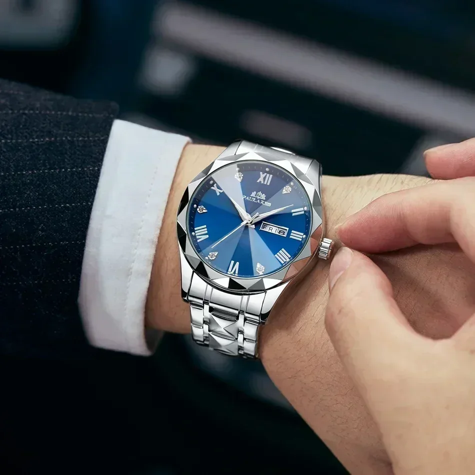 ساعات فاخرة للرجال مضيئة بتقويم مزدوج ذهبي وأزرق وأخضر كوارتز فستان على شكل ألماس من الزجاج المقاوم للصدأ