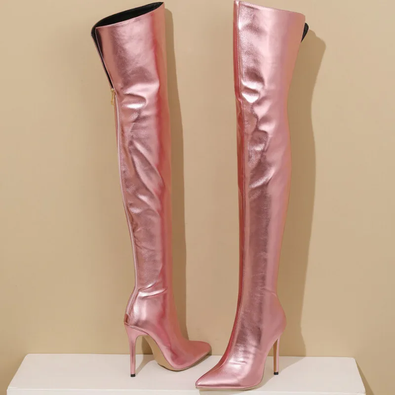 Metal Patent Leather Women's Over The Knee Boots 2024 Autumn Winter Sexy High Heels Pointed Toe Women's Boots With Back Zip