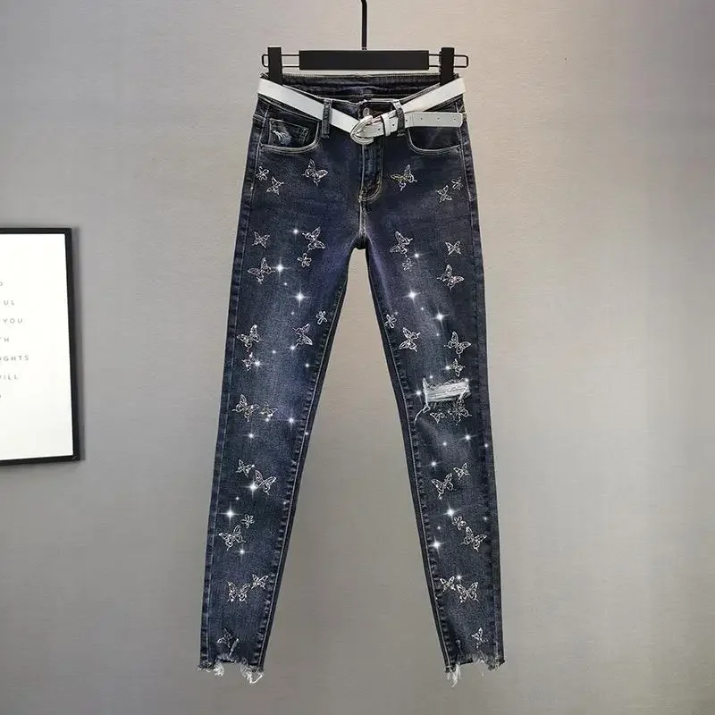 High waisted ripped Skinny Jeans For women 2026 Spring Autumn New Slimming Hot Diamond pencil pants Female Casual Denim Pants