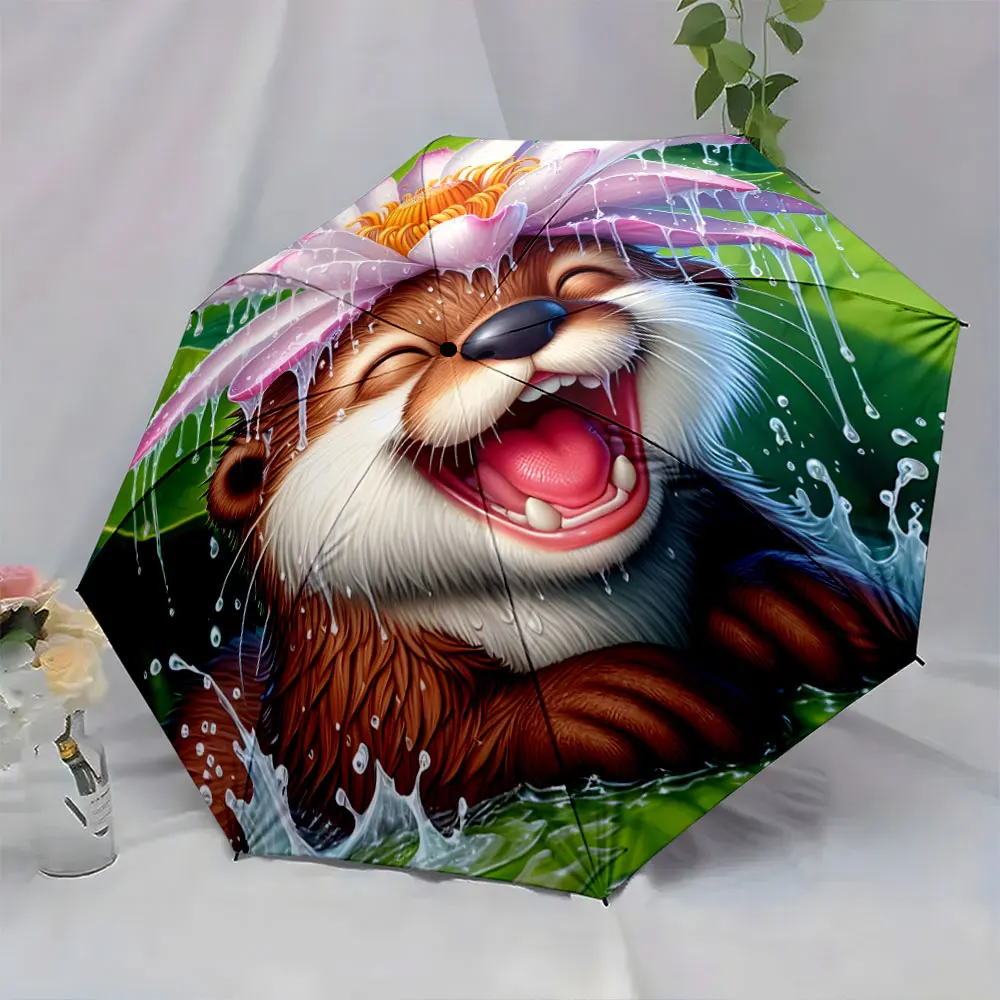 1PC Cheerful otter with vibrant flower theme umbrella Print 8 Iron Ribs Folding Umbrella Auto-Open Fashion Sunshade