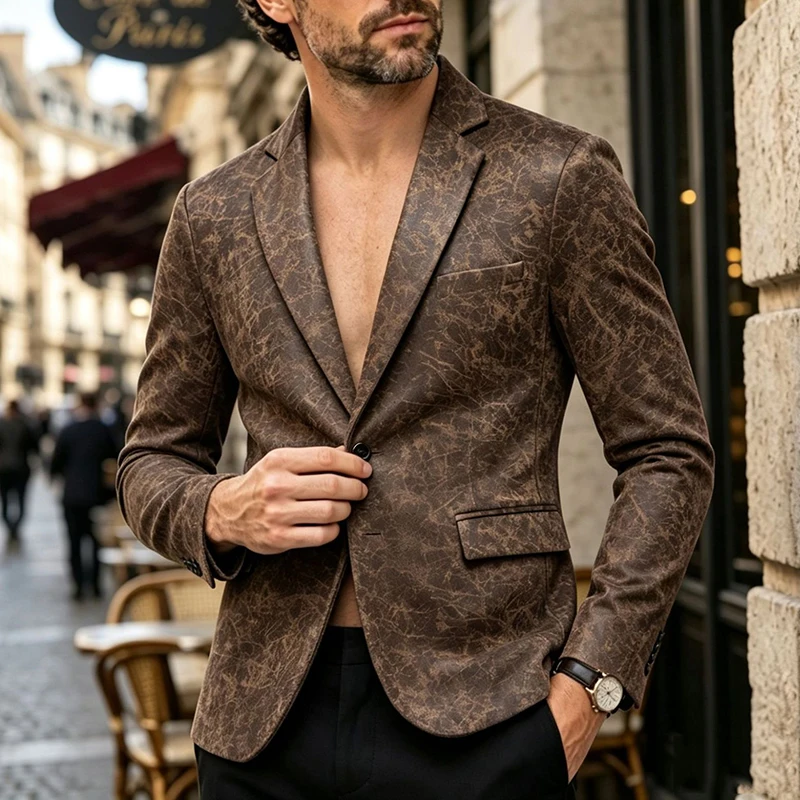 Streetwear Vintage Print Pattern Suede Blazer Mens 2026 Autumn Warm Single Breasted Slim Fit For Male Daily Outdoor Jackets