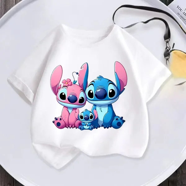 Disney Kids kawaii Clothing T-shirt Teen Playful Stitch Print Comfy crew neck Top Boys Girls Casual short sleeve