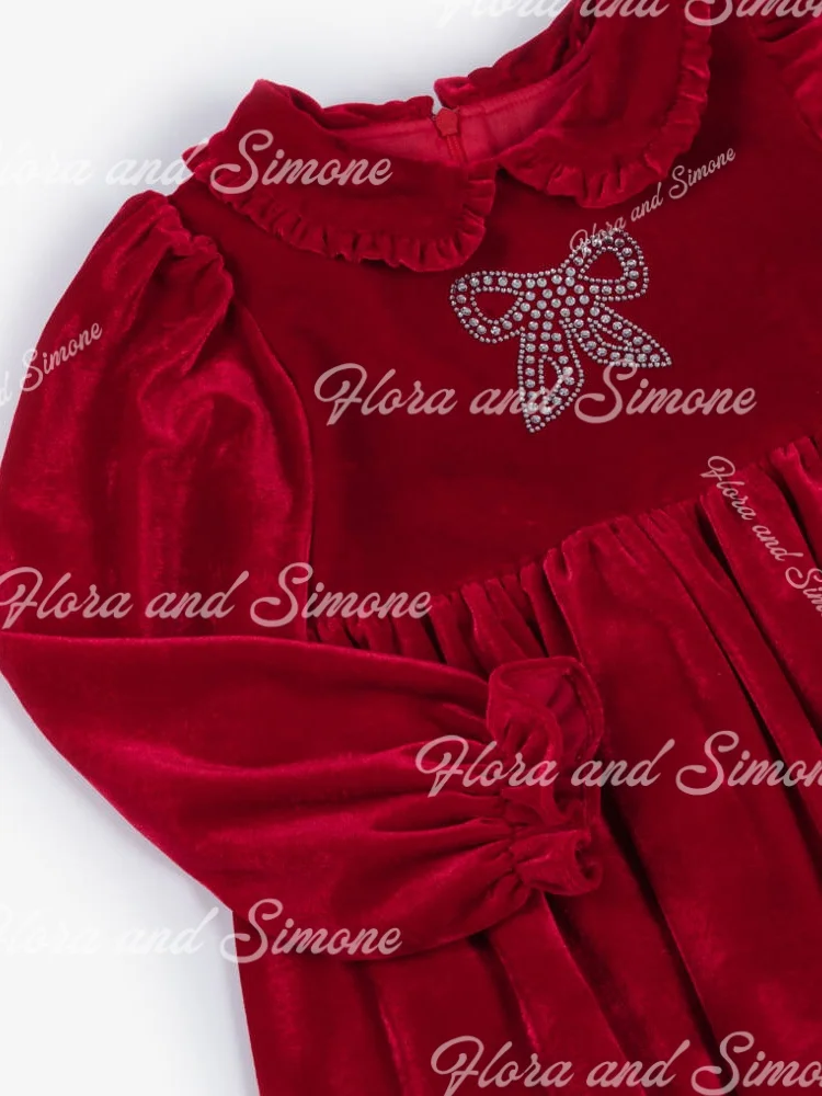 Customized Red velvet bow Long sleeves Flower Girl Dress for Christmas celebration Wedding Ceremonies Formal Receptions Birthday