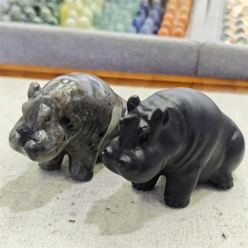 Natural Yooperlite And Black Obsidian Hippo Carving Love Healing Fengshui Gemstones HomeDecoration Holiday Gift 1PCS