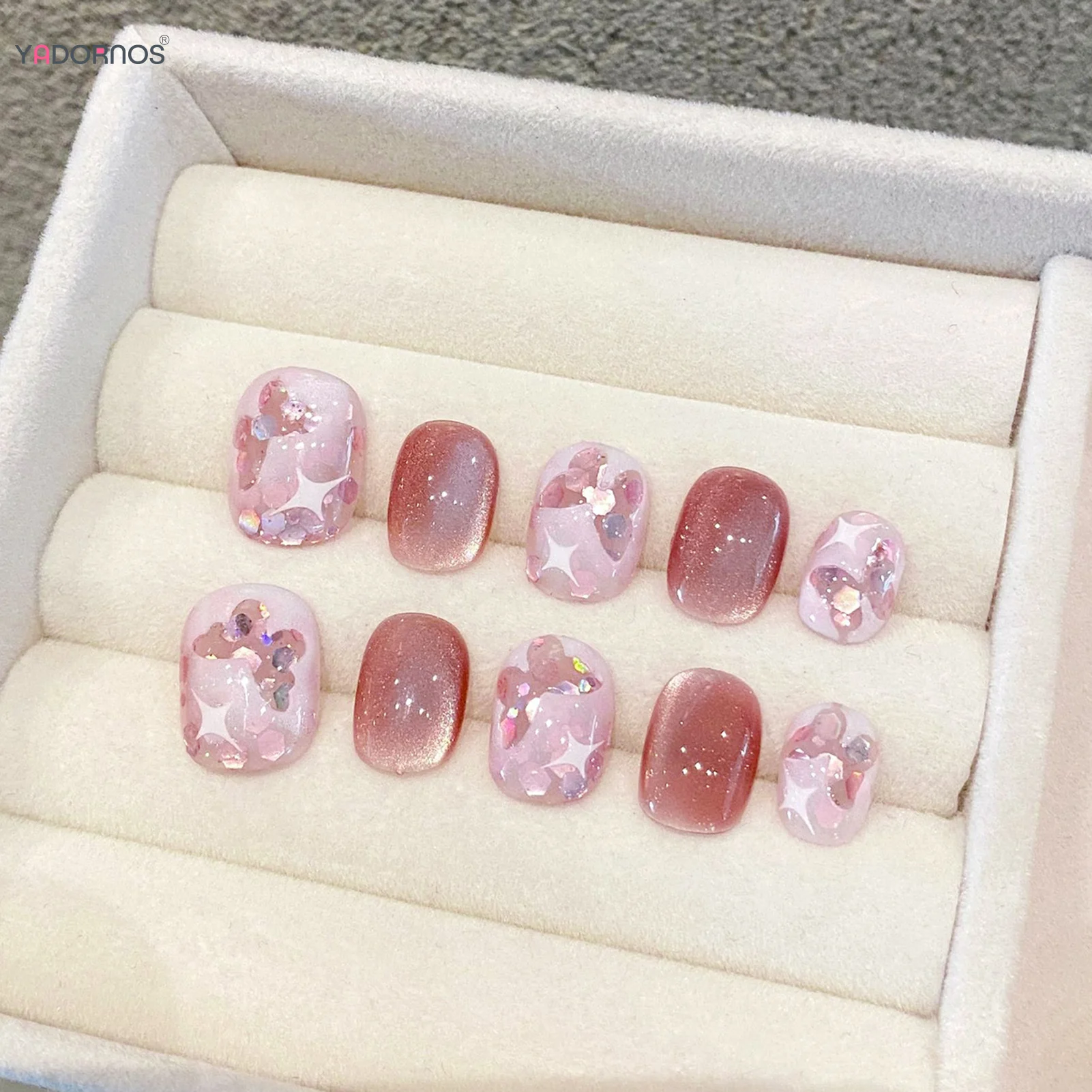 10Pcs Pink Aurora Handmade Press on Nails Short Round Head Fake Nails Butterfly Design Cat's Eyes False Nail for Woman Y2K Girls