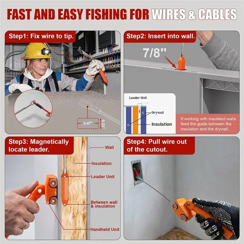 AB42-High-Strength Magnetic Wire Puller With Stainless Steel Cable Leader- Stud Finder For Electrical For Wall Wiring