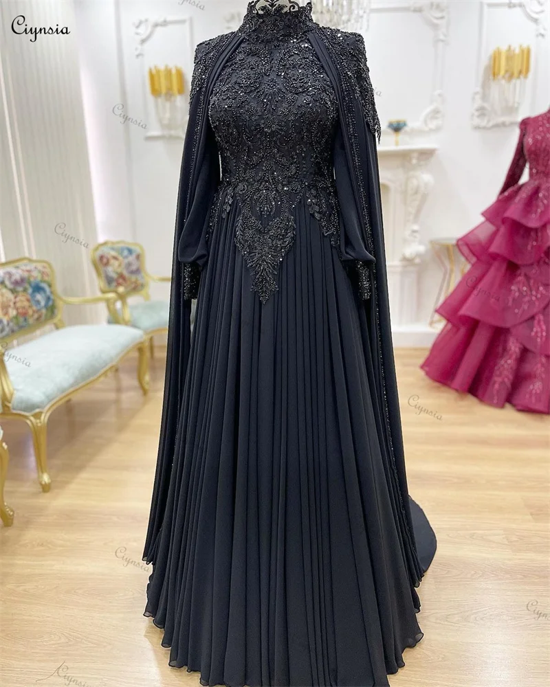 Ciynsia Arabic Muslim Black Long Sleeve Wedding Dress Women Elegant Luxury Bridal Dresses with Cape Lace Bead Chiffon Bride Gown